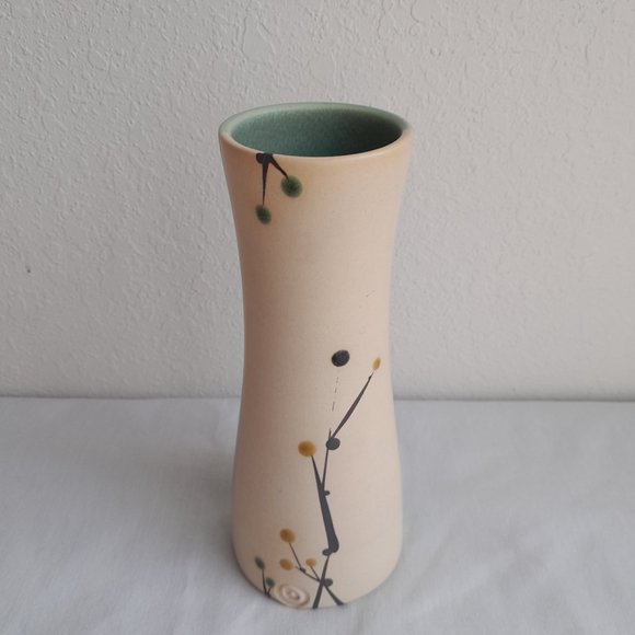 Vase MCM Mid Century Modern Floral Swirl Blue Teal Green Cream White - Picture 2 of 8